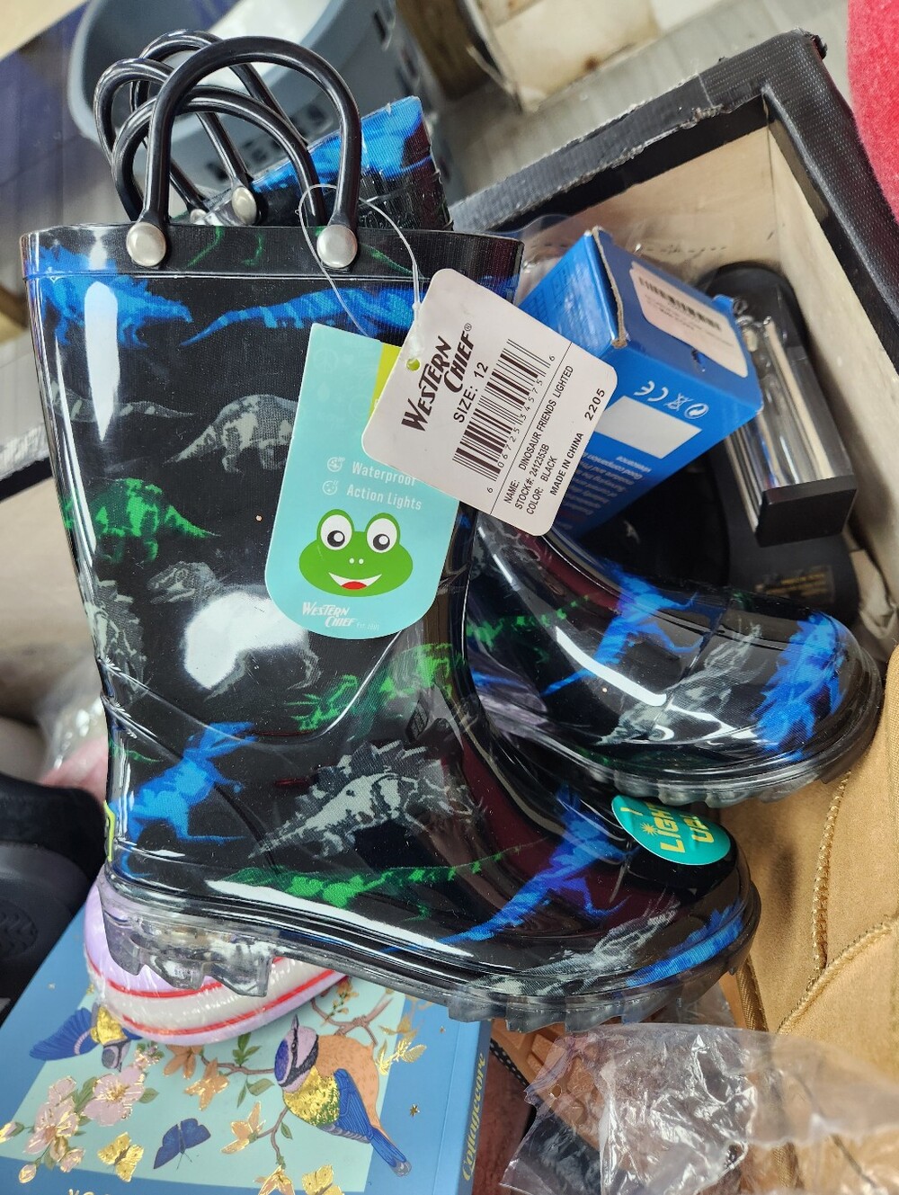 Western Chief Black Rain Boots with Blue & Green Dino Print